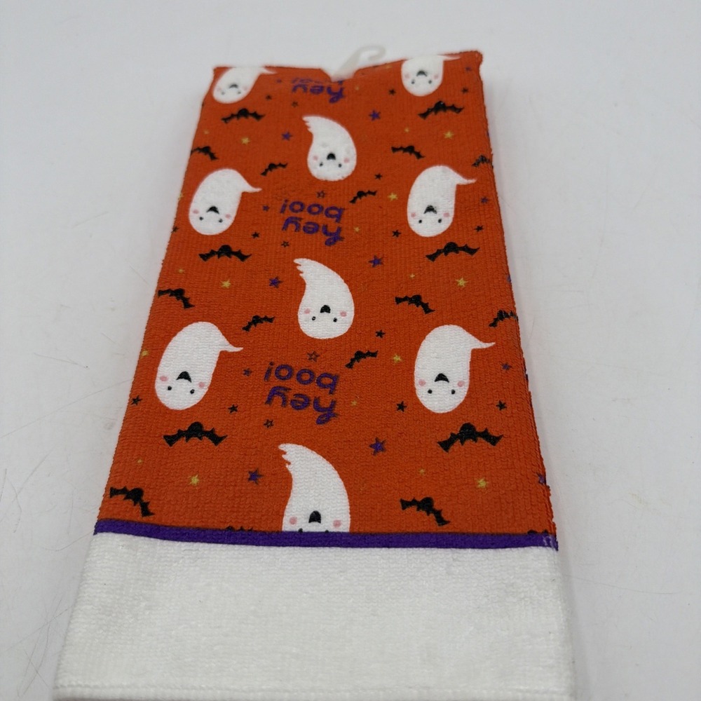 Halloween Microfiber Towels GHOSTS & BATS ON ORANGE "Hey Boo!) 15"x25" Heavy Tow